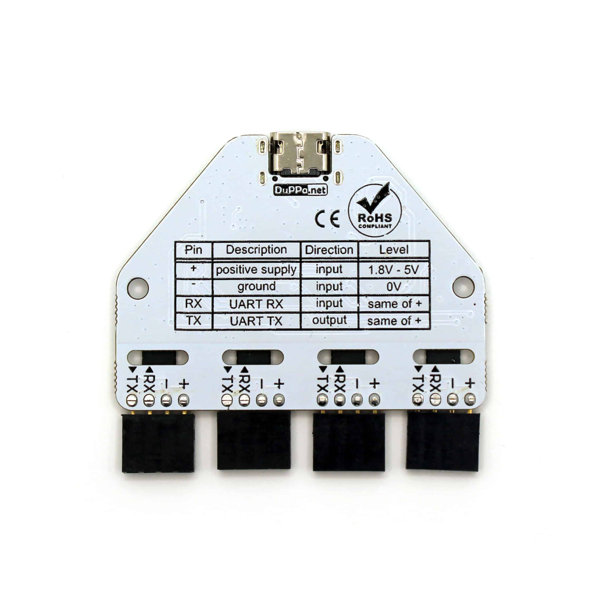 Duppa Debug Board Quad — back showing pin diagram with +, -, RX, TX labels