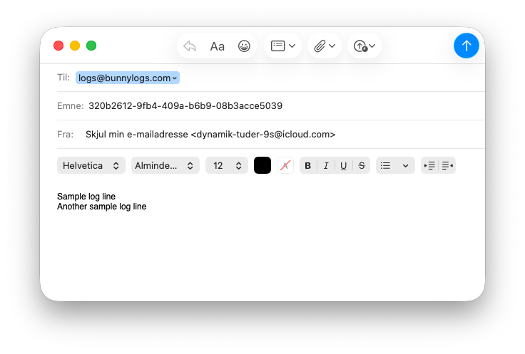 Sample email to logs@bunnylogs.com with UUID in subject and log lines in body