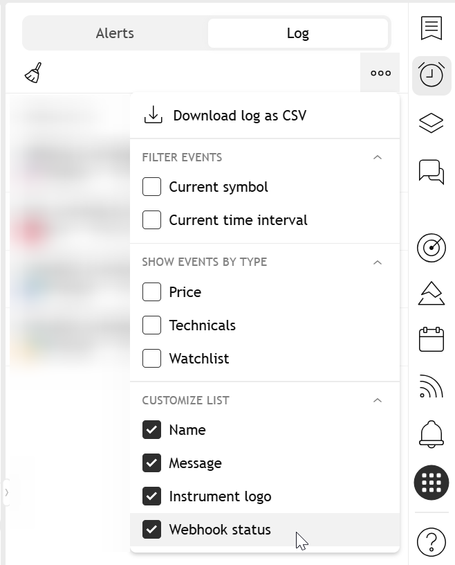 TradingView alert log with Webhook status column visible