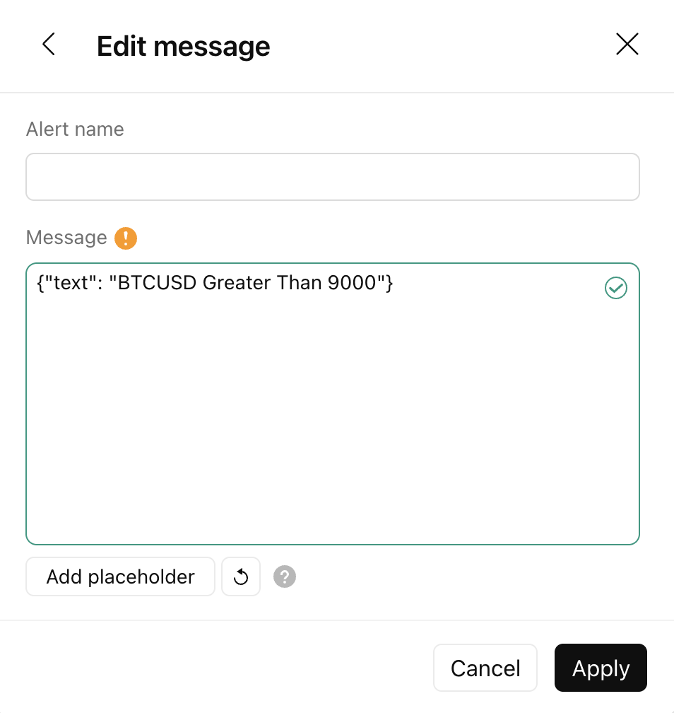 TradingView Edit message dialog with JSON body and green valid-JSON checkmark