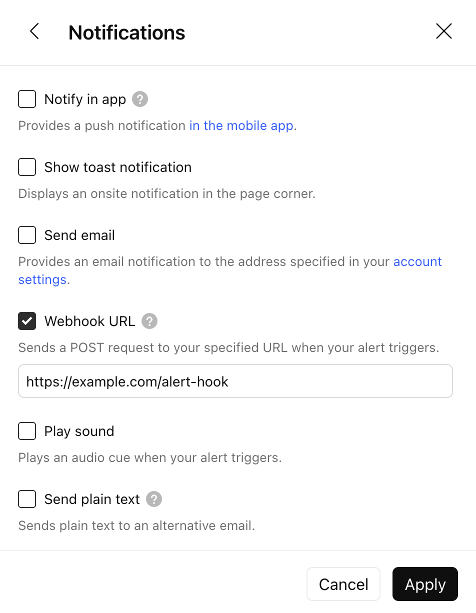 TradingView Notifications tab with Webhook URL checkbox checked